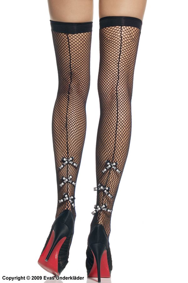 Thigh high stockings with skull bows in fishnet